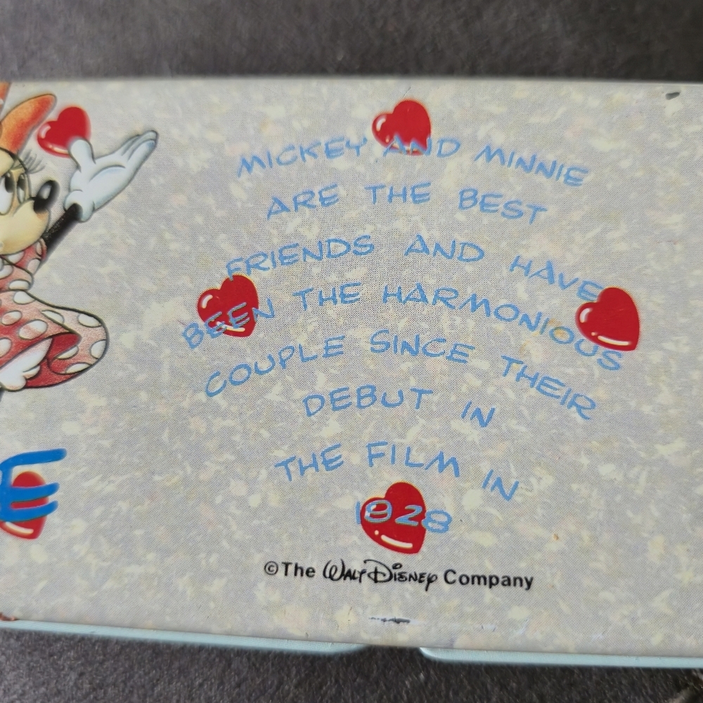 Disney Vintage 90s Mickey Minnie Mouse Tin Pencil Case Heart Graphic Rare Ellon - Picture 5 of 11